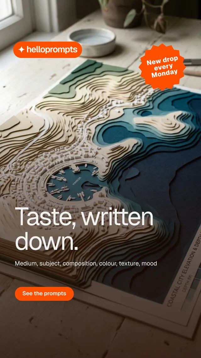 Instagram story for HelloPrompts: "Taste, written down." Photo poster style, sticker layout, dark palette in orange, grey, black.