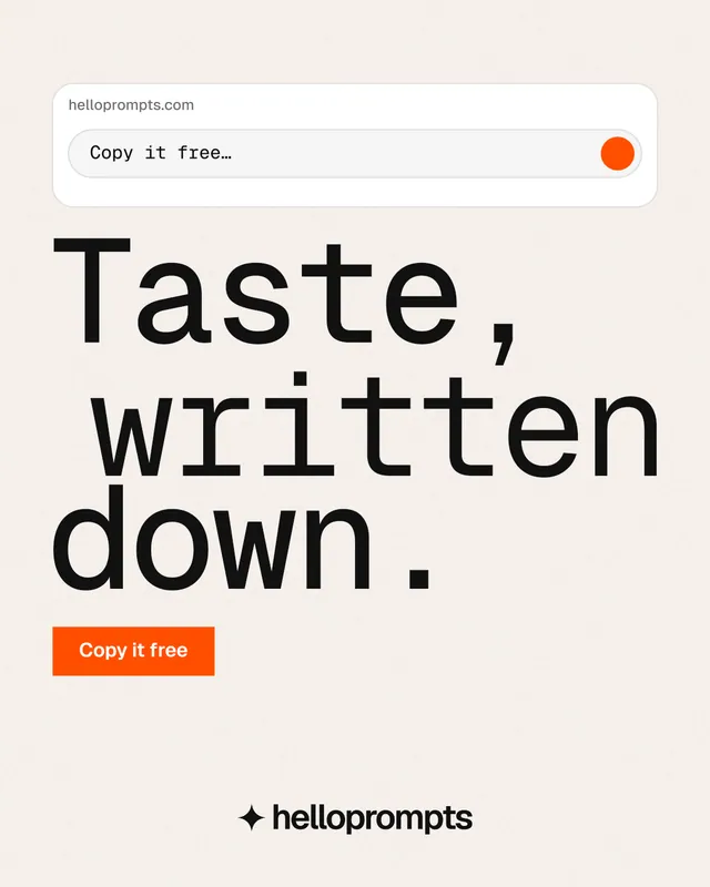 Instagram portrait post for HelloPrompts: "Taste, written down." Swiss style, stacked layout, light palette in white, grey.
