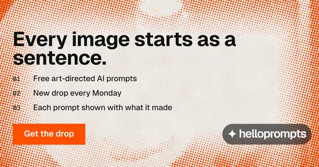 Social ad for HelloPrompts: "Every image starts as a sentence." Swiss style, numbered layout, light palette in orange.