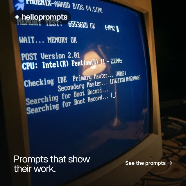 Instagram post for HelloPrompts: "Prompts that show their work." Swiss style, image led layout, dark palette in black, blue, grey.