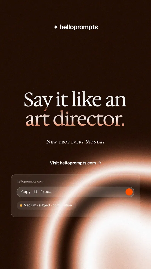 Instagram story for HelloPrompts: "Say it like an art director." Agentic glass style, smallcaps layout, dark palette in black, orange.