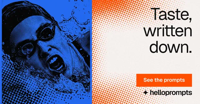 Social ad for HelloPrompts: "Taste, written down." Swiss style, right layout, light palette in blue, orange, white.
