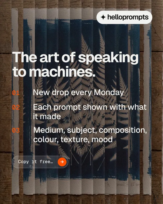 Instagram portrait post for HelloPrompts: "The art of speaking to machines." Agentic glass style, numbered layout, dark palette in orange, blue, grey.