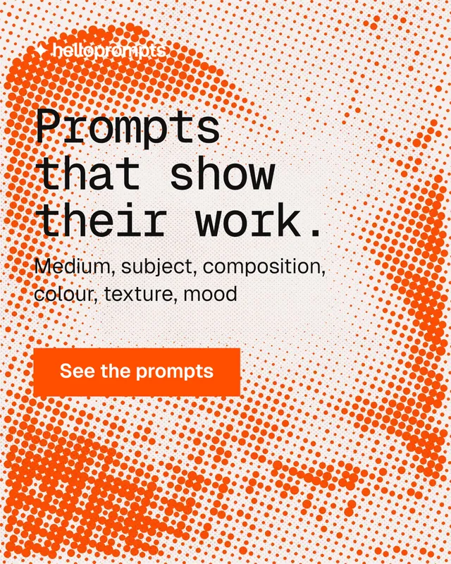 Instagram portrait post for HelloPrompts: "Prompts that show their work." Swiss style, skeleton layout, light palette in orange, white.