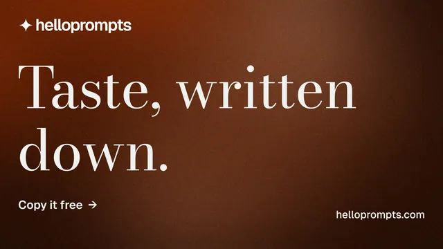 Landscape graphic for HelloPrompts: "Taste, written down." Minimal luxury style, poster layout, dark palette in orange, black.