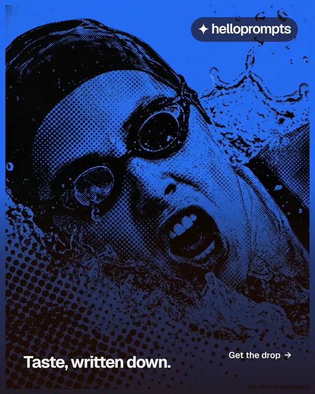 Instagram portrait post for HelloPrompts: "Taste, written down." Swiss style, image led layout, dark palette in blue, black.