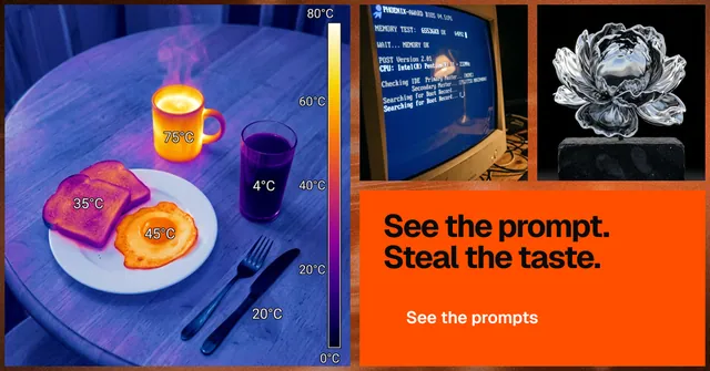 Social ad for HelloPrompts: "See the prompt. Steal the taste." Swiss style, collage layout, dark palette in blue, red, grey.