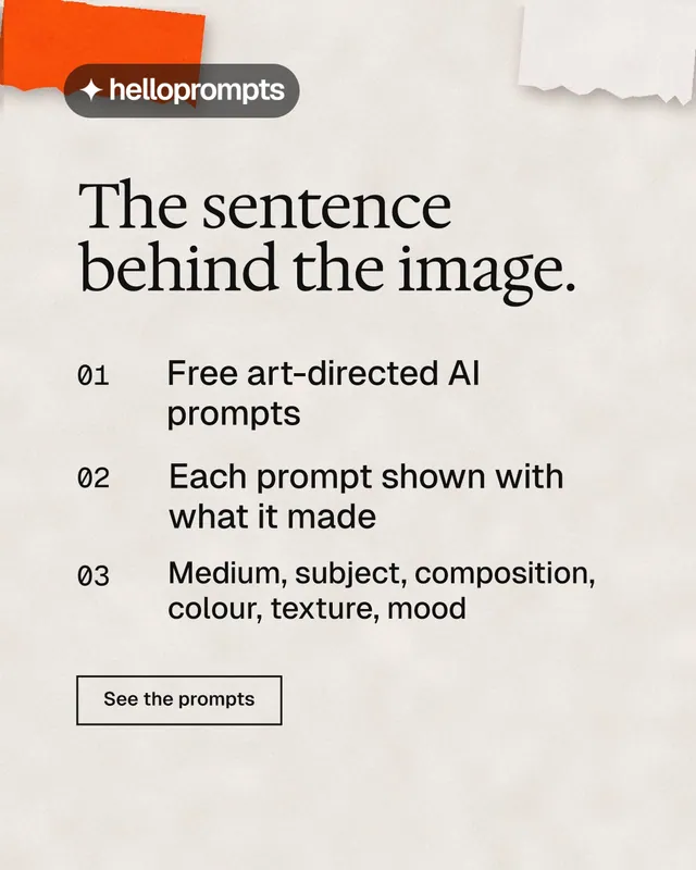 Instagram portrait post for HelloPrompts: "The sentence behind the image." Editorial style, numbered layout, light palette in orange.
