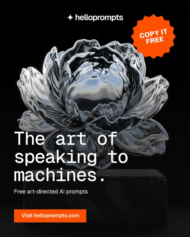 Instagram portrait post for HelloPrompts: "The art of speaking to machines." Split block style, sticker layout, dark palette in grey, black, orange.