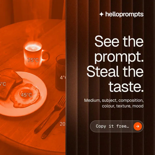 Instagram post for HelloPrompts: "See the prompt. Steal the taste." Agentic glass style, right layout, dark palette in black, orange.