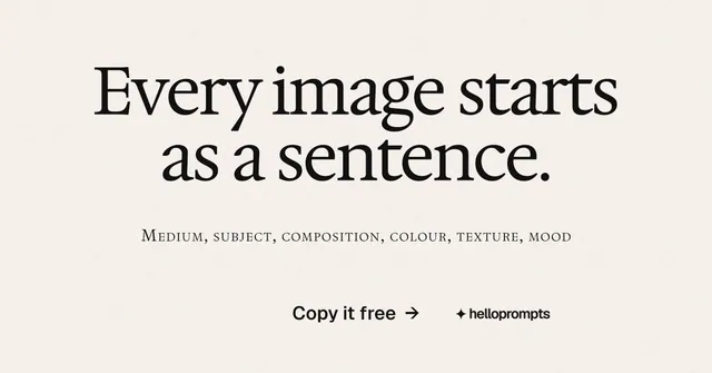 Social ad for HelloPrompts: "Every image starts as a sentence." Swiss style, smallcaps layout, light palette in white.