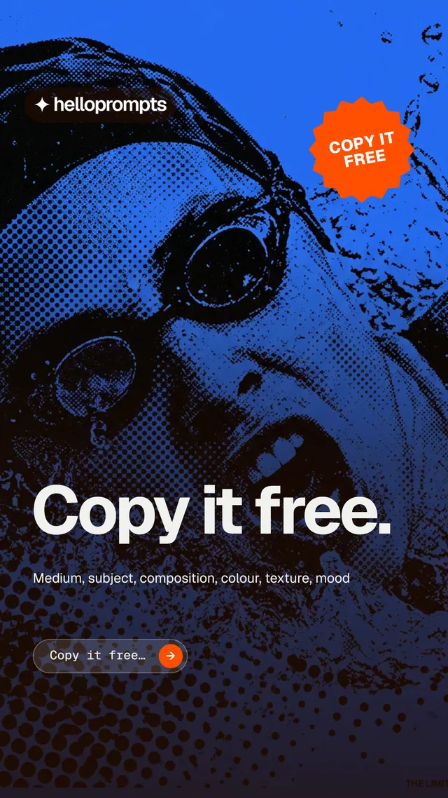 Instagram story for HelloPrompts: "Copy it free." Agentic glass style, sticker layout, dark palette in blue, black.