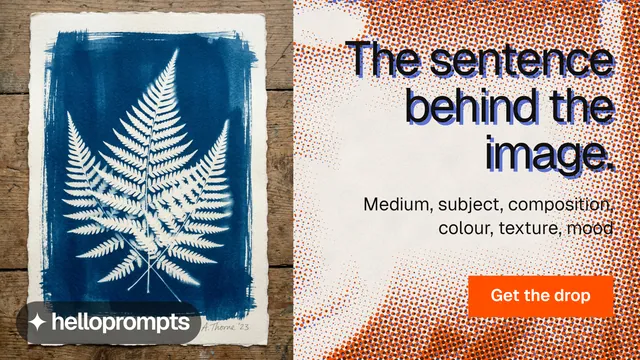 Landscape graphic for HelloPrompts: "The sentence behind the image." Swiss style, right layout, light palette in brown, blue, grey.