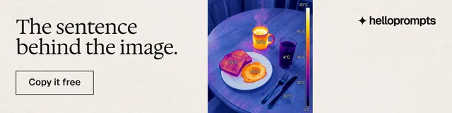 LinkedIn banner for HelloPrompts: "The sentence behind the image." Editorial style, skeleton layout, light palette in white, blue.