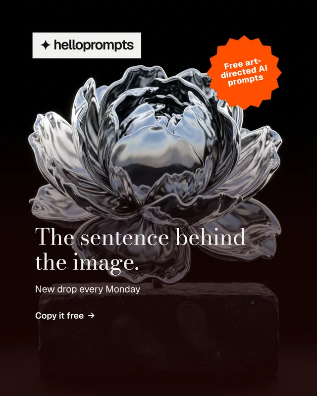 Instagram portrait post for HelloPrompts: "The sentence behind the image." Minimal luxury style, sticker layout, dark palette in black, red, grey.