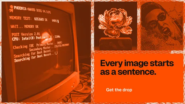 Landscape graphic for HelloPrompts: "Every image starts as a sentence." Swiss style, collage layout, dark palette in orange.