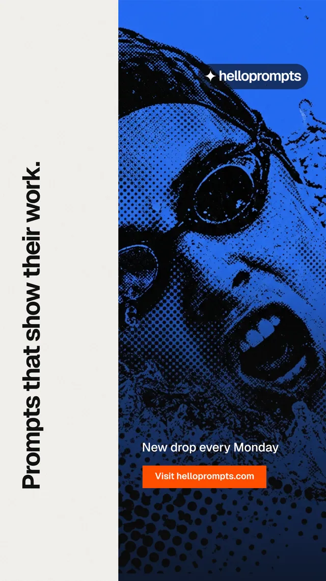 Instagram story for HelloPrompts: "Prompts that show their work." Swiss style, vertical layout, light palette in white, black, blue.