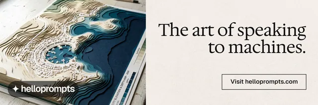 X header for HelloPrompts: "The art of speaking to machines." Editorial style, right layout, light palette in white, grey, orange.