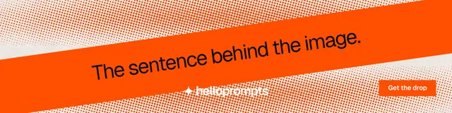 LinkedIn banner for HelloPrompts: "The sentence behind the image." Swiss style, diagonal layout, light palette in orange.