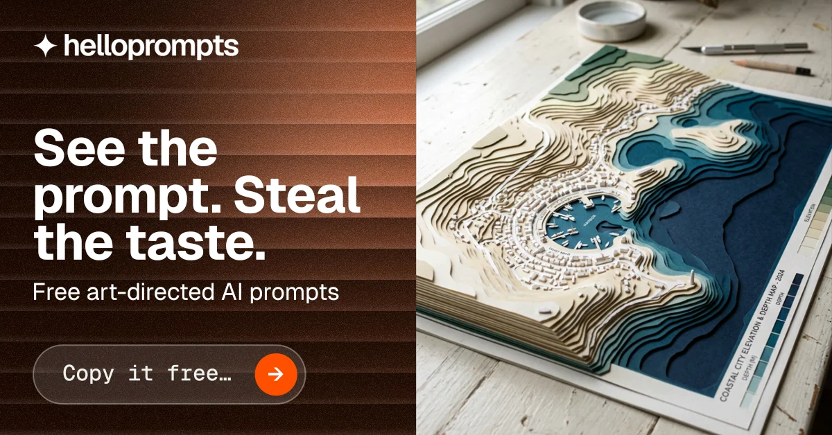 Social ad for HelloPrompts: "See the prompt. Steal the taste." Agentic glass style, bottom layout, dark palette in black, orange, grey.