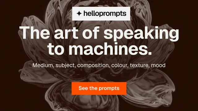 Landscape graphic for HelloPrompts: "The art of speaking to machines." Swiss style, centred layout, dark palette in black, orange, grey.