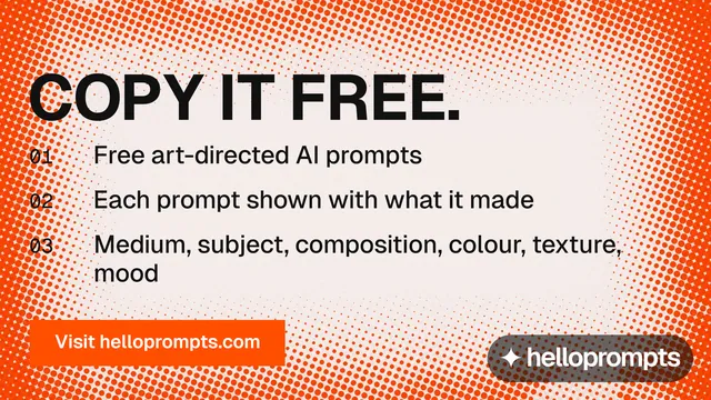 Landscape graphic for HelloPrompts: "Copy it free." Swiss style, numbered layout, light palette in orange, white.