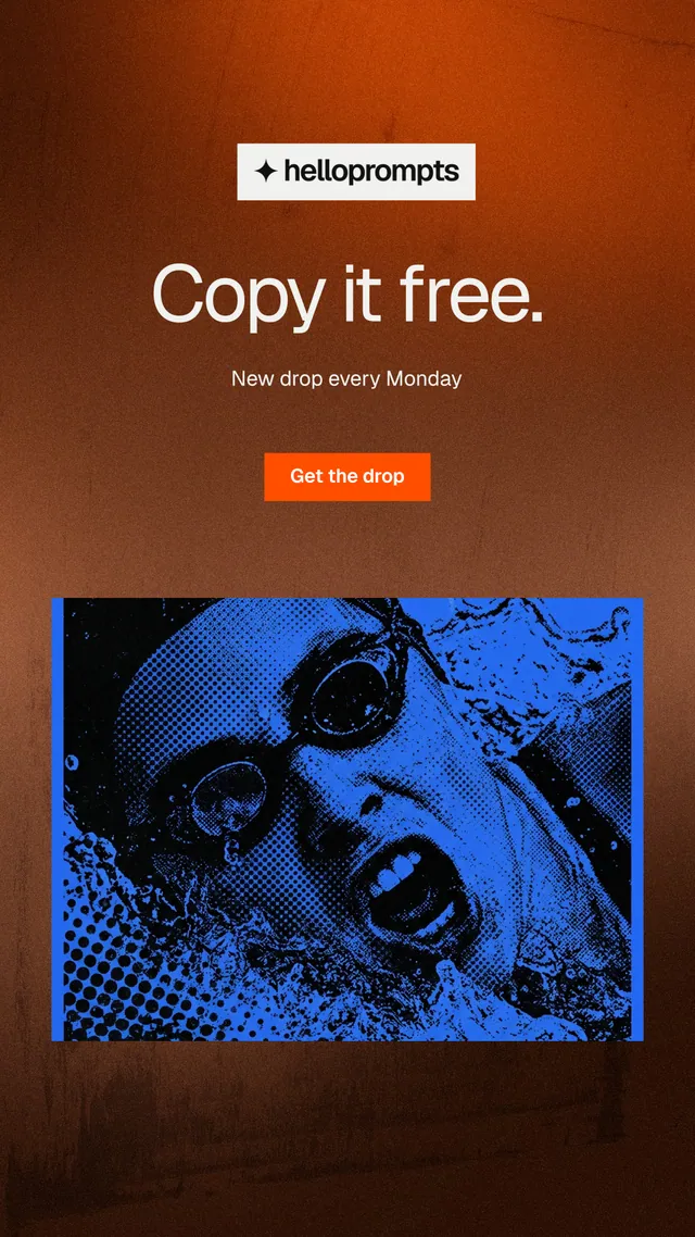 Instagram story for HelloPrompts: "Copy it free." Swiss style, centred layout, dark palette in orange, black, blue.