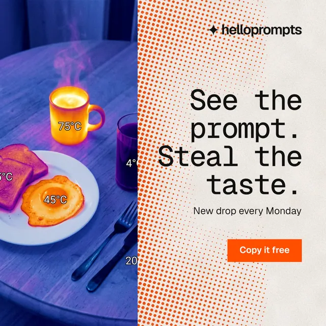 Instagram post for HelloPrompts: "See the prompt. Steal the taste." Swiss style, right layout, light palette in blue, orange, grey.
