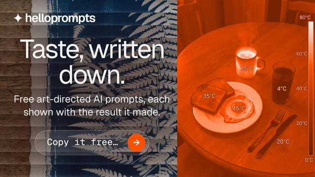 Landscape graphic for HelloPrompts: "Taste, written down." Agentic glass style, skeleton layout, dark palette in orange, black.