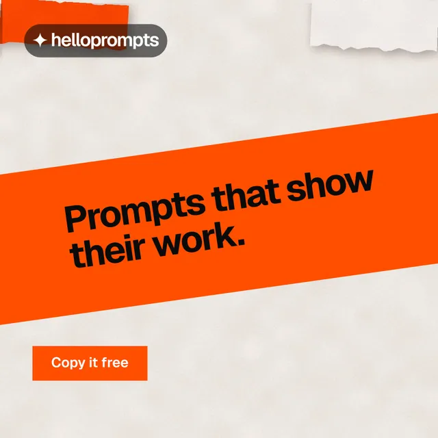 Instagram post for HelloPrompts: "Prompts that show their work." Swiss style, diagonal layout, light palette in orange.