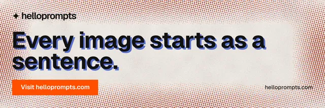 X header for HelloPrompts: "Every image starts as a sentence." Swiss style, poster layout, light palette in red, orange, grey.