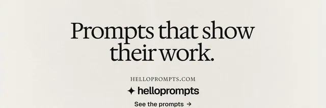 X header for HelloPrompts: "Prompts that show their work." Swiss style, smallcaps layout, light palette in yellow, grey.