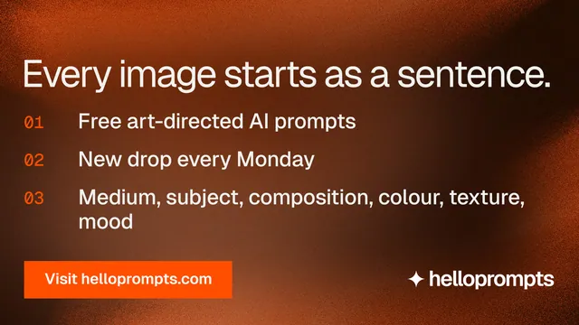 Landscape graphic for HelloPrompts: "Every image starts as a sentence." Swiss style, numbered layout, dark palette in orange.