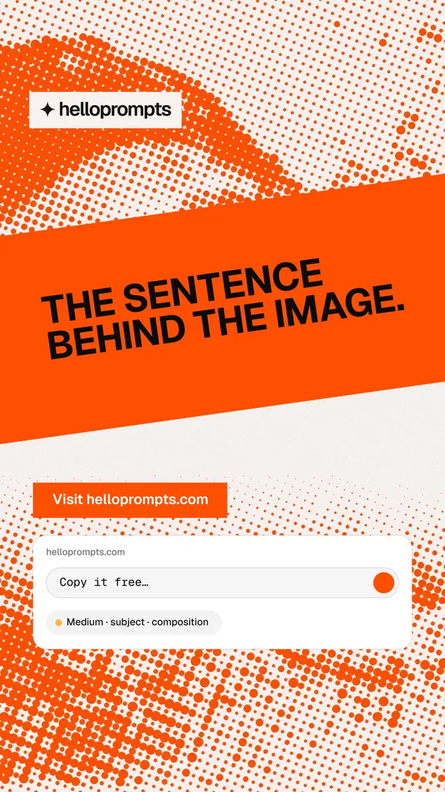 Instagram story for HelloPrompts: "The sentence behind the image." Split block style, diagonal layout, light palette in orange, white.