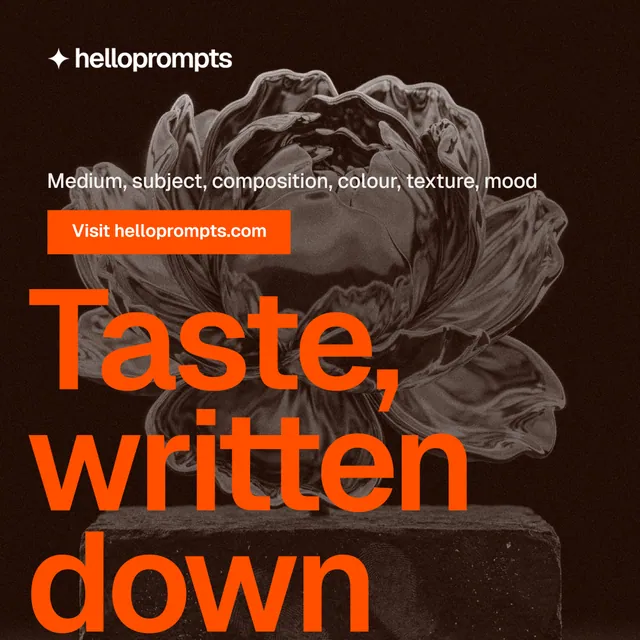 Instagram post for HelloPrompts: "See the prompt. Steal the taste." Swiss style, oversized layout, dark palette in orange, brown, black.