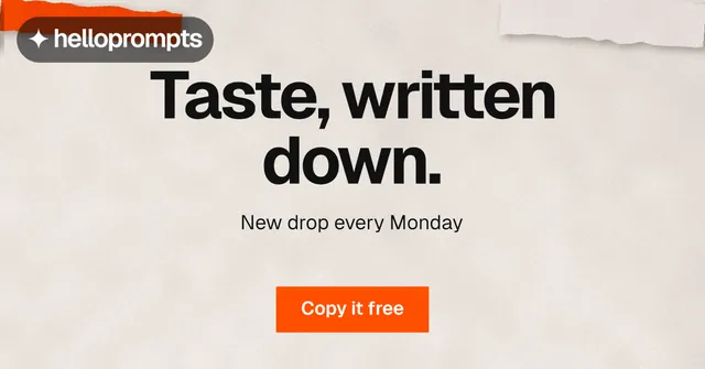 Social ad for HelloPrompts: "Taste, written down." Swiss style, centred layout, light palette in orange.
