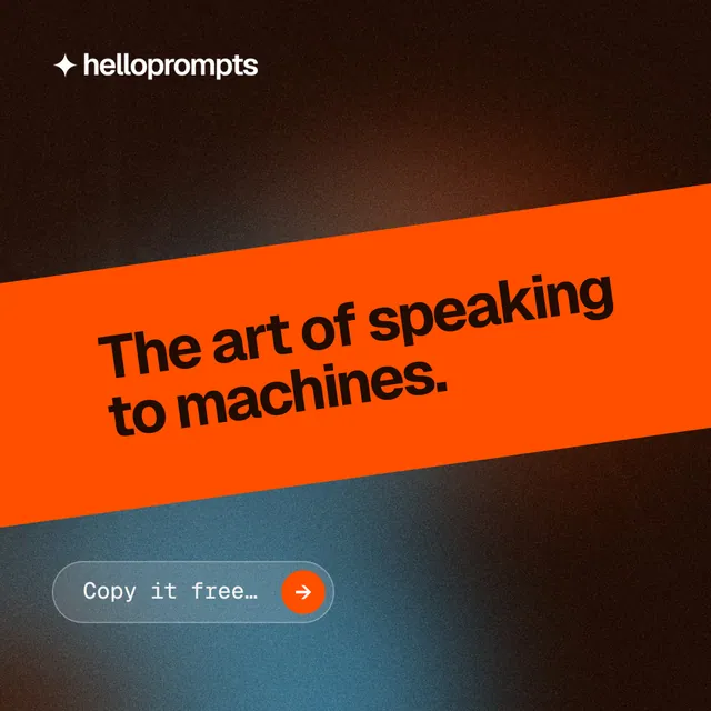 Instagram post for HelloPrompts: "The art of speaking to machines." Agentic glass style, diagonal layout, dark palette in black, orange, grey.