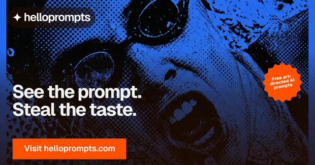 Social ad for HelloPrompts: "See the prompt. Steal the taste." Swiss style, sticker layout, dark palette in black, blue, purple.