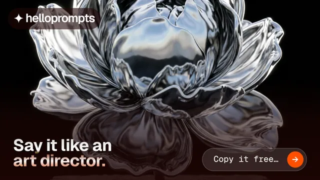Landscape graphic for HelloPrompts: "Say it like an art director." Agentic glass style, image led layout, dark palette in black, red, grey.