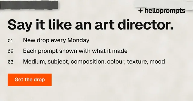 Social ad for HelloPrompts: "Say it like an art director." Swiss style, numbered layout, light palette in white, yellow, grey.