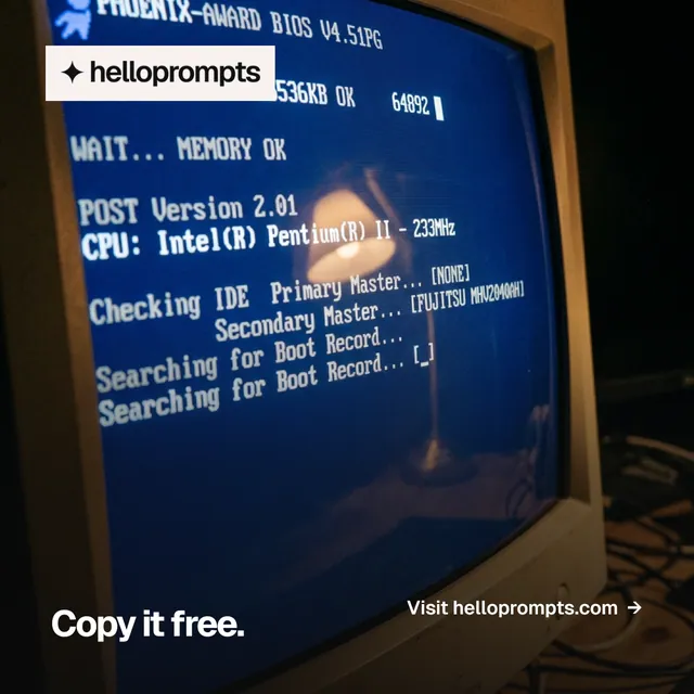 Instagram post for HelloPrompts: "Copy it free." Swiss style, image led layout, dark palette in black, blue, grey.