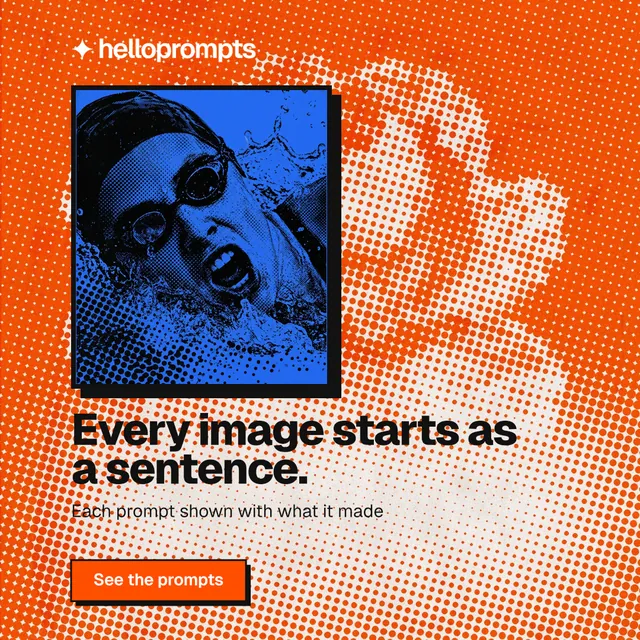 Instagram post for HelloPrompts: "Every image starts as a sentence." Brutalist style, skeleton layout, light palette in orange, blue.