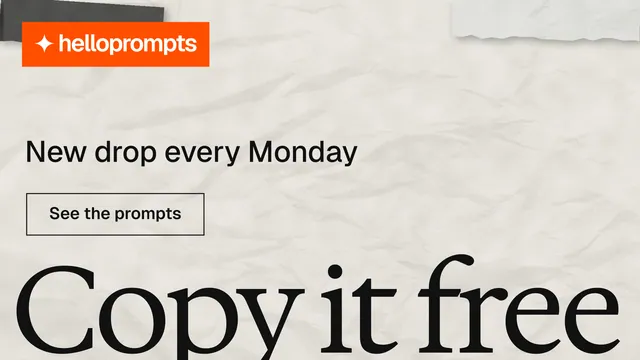 Landscape graphic for HelloPrompts: "Copy it free." Editorial style, oversized layout, light palette in white, grey, yellow.