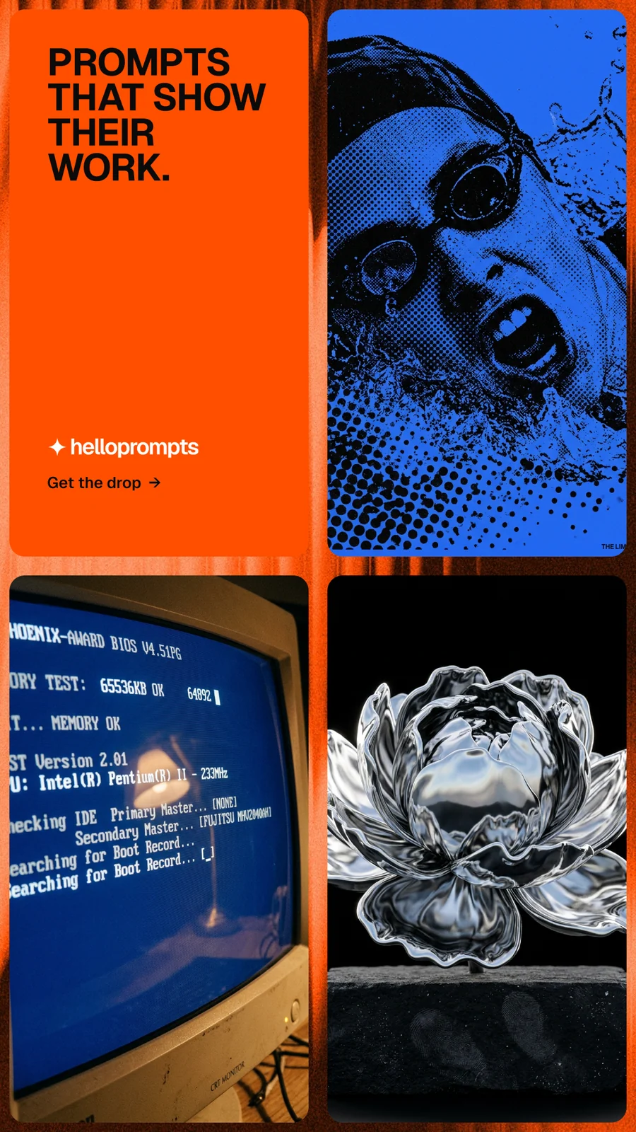 Instagram story for HelloPrompts: "Prompts that show their work." Agentic glass style, collage layout, dark palette in black, orange, blue.