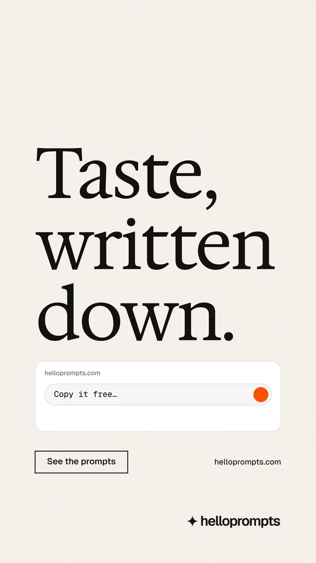Instagram story for HelloPrompts: "Taste, written down." Editorial style, poster layout, light palette in white, grey.