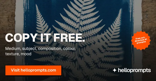 Social ad for HelloPrompts: "Copy it free." Brutalist style, sticker layout, dark palette in black, orange, grey.