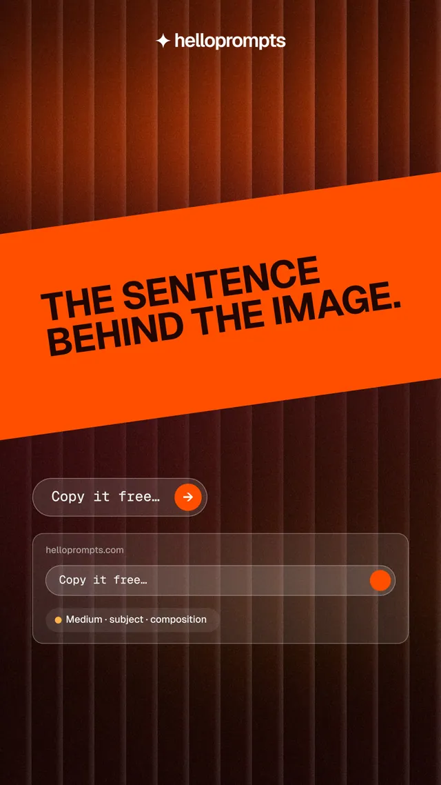 Instagram story for HelloPrompts: "The sentence behind the image." Agentic glass style, diagonal layout, dark palette in black, red, orange.