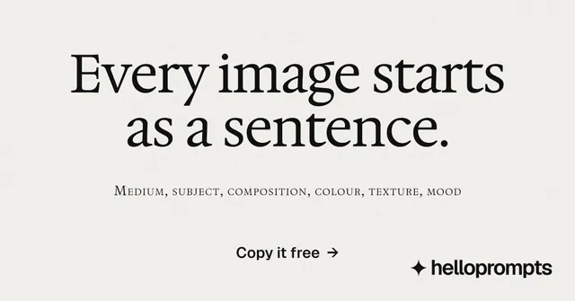 Social ad for HelloPrompts: "Every image starts as a sentence." Editorial style, smallcaps layout, light palette in white, grey.