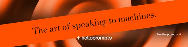 LinkedIn banner for HelloPrompts: "The art of speaking to machines." Minimal luxury style, diagonal layout, dark palette in orange.
