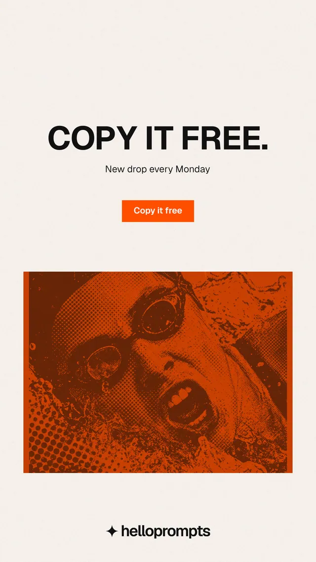 Instagram story for HelloPrompts: "Copy it free." Swiss style, centred layout, light palette in white, orange.